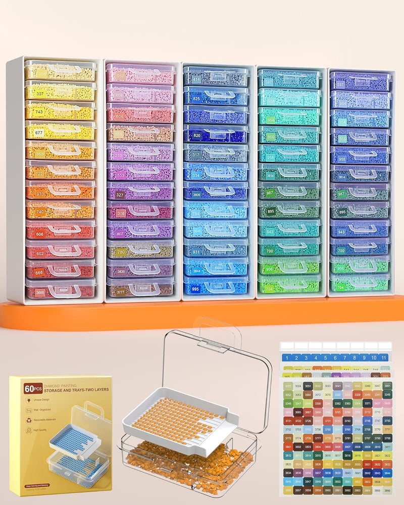 Redtwo 60pcs Diamond Painting Storage Containers Trays with Two Layers, 3-in-1 Diamond Painting Trays with Lids, Diamond Art Accessories, Diamond Art Drills Storage & Line-Up - Image 1